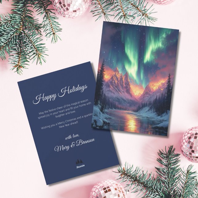 Tarjeta Festiva Elegant Script Tree Non Photo Aurora Holiday (Northern Lights Holiday Christmas Card)