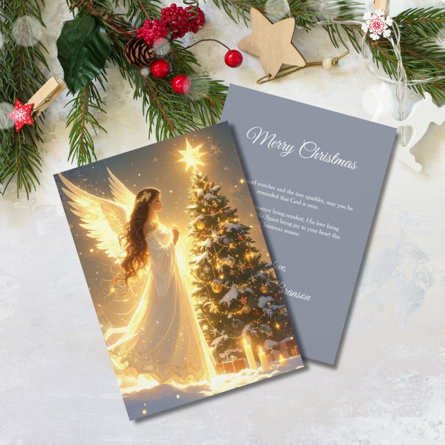 Tarjeta Festiva Elegant Script Tree Non Photo Christian Angel  (Glowing Angel Christmas Tree Card)