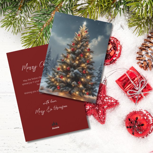 Tarjeta Festiva Elegant Script Tree Non Photo Red Christmas (Winter Christmas Tree with Red Ornaments)