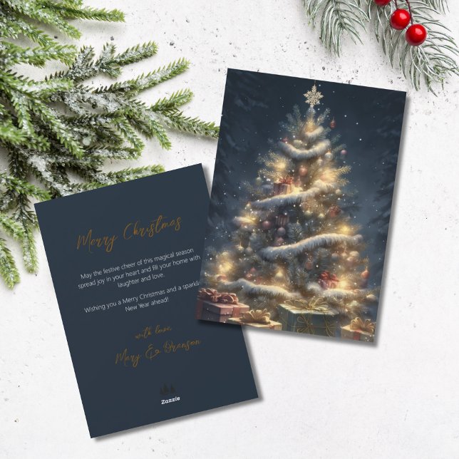 Tarjeta Festiva Elegant Script Tree Non Photo Snowy Christmas (Winter Christmas Tree with Presents)