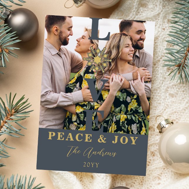 Tarjeta Festiva Elegant Snowflake Blue Faux Gold Minimal 2 Photos (Elegant and Refined Snowflake Greenish-Blue & Faux Gold Minimalist 2 Vertical Photos Christmas.)