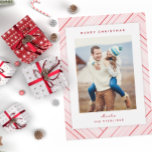 Tarjeta Festiva Elegant Stripes Red Family Photo<br><div class="desc">Elegant,  simple stripes in seasonal shades of peppermint red and crimson surround a family photo with personalized holiday greeting and name.</div>