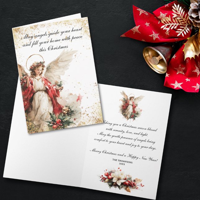 Tarjeta Festiva Elegant Vintage Christmas Angel (Watercolor Christmas card featuring a serene angel illustration with golden accents, )