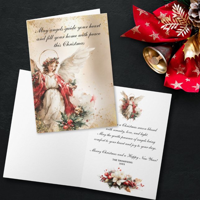 Tarjeta Festiva Elegant Vintage Christmas Angel (Watercolor Christmas card featuring a serene angel illustration with golden accents, symbolizing pea)