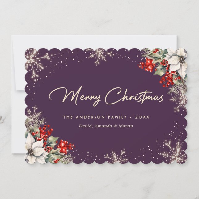 Tarjeta Festiva Elegant Violet Botanical Snowflake Christmas Card (Anverso)