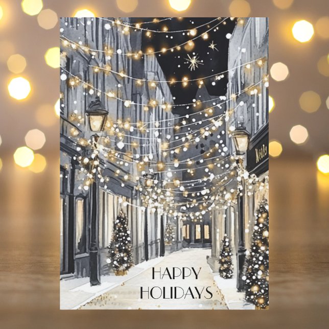 Tarjeta Festiva Elegant Watercolor Chic Gold Black Happy Holidays (Subido por el creador)