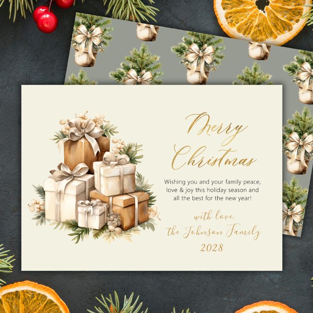 Tarjeta Festiva Elegant Watercolor Christmas Presents Gold Script  (Subido por el creador)