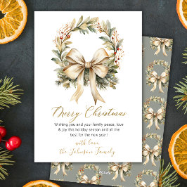 Tarjeta Festiva Elegant Watercolor Wreath Gold Bow Merry Christmas