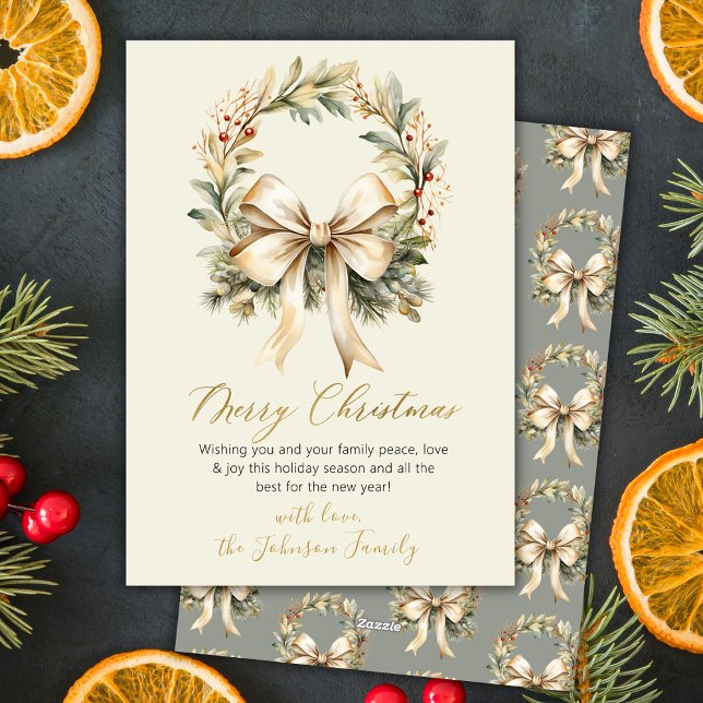 Tarjeta Festiva Elegant Watercolor Wreath Gold Bow Merry Christmas (Subido por el creador)