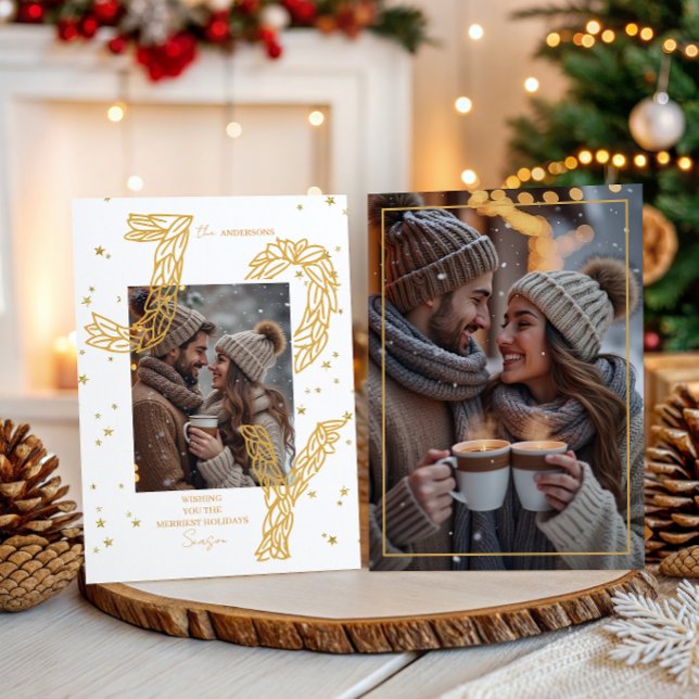 Tarjeta Festiva Elegant White & Gold Laurel Joy Photo (Elegant White & Gold Laurel Joy Photo Holiday Card)