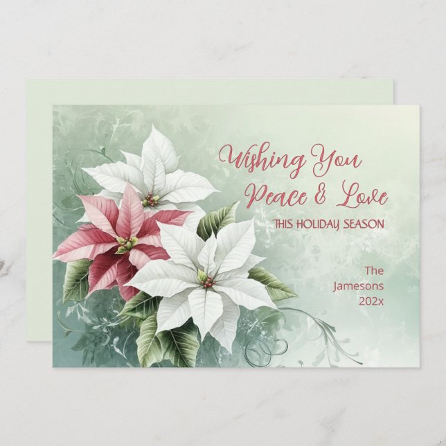 Tarjeta Festiva Elegant White Pink Christmas Poinsettias  (Anverso / Reverso)