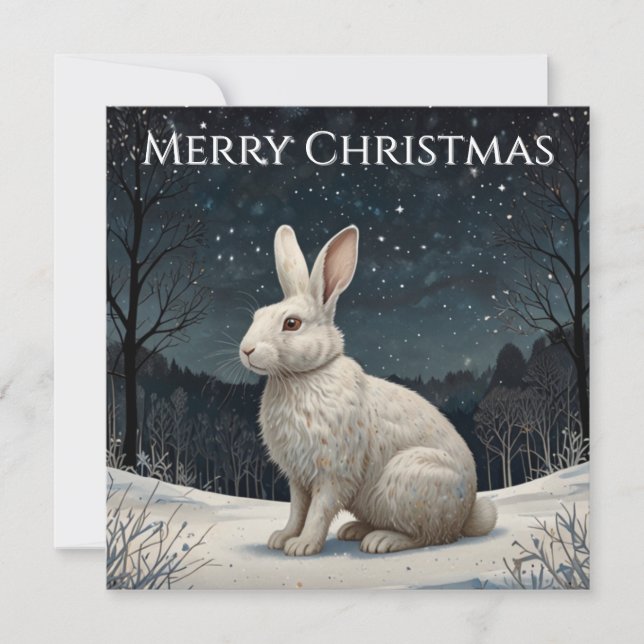Tarjeta Festiva Elegant white rabbit Christmas snowy woodland  (Anverso)