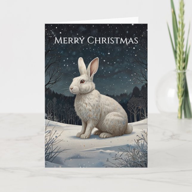 Tarjeta Festiva Elegant white rabbit Christmas snowy woodland  (Anverso)