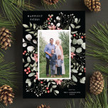 Tarjeta Festiva Elegant Winter Watercolor Greenery Black Photo<br><div class="desc">This elegant and festive holiday photo card features a beautiful watercolor wreath of holly, eucalyptus, and berries over a chic black background. The editable greeting on the front says "Happiest Holidays". The back of the card is a coordinating foliage pattern, which can be removed if desired. You can also add...</div>