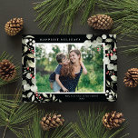 Tarjeta Festiva Elegant Winter Watercolor Greenery Botanical Photo<br><div class="desc">This elegant holiday photo card features a single horizontal photo framed by beautiful watercolor eucalyptus, holly, and berries over a chic black background. The editable greeting on the front says "Happiest Holidays". The back of the card is a simple black background to which you can add another photo and/or additional...</div>