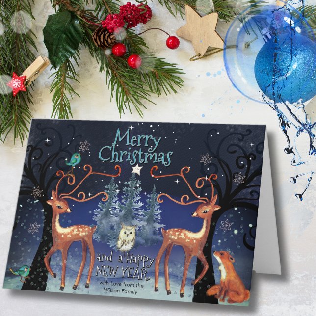 Tarjeta Festiva Elegant Woodland Deer Christmas | Forest Scene (Elegant Woodland Deer Christmas  Forest Scene Holiday Card)