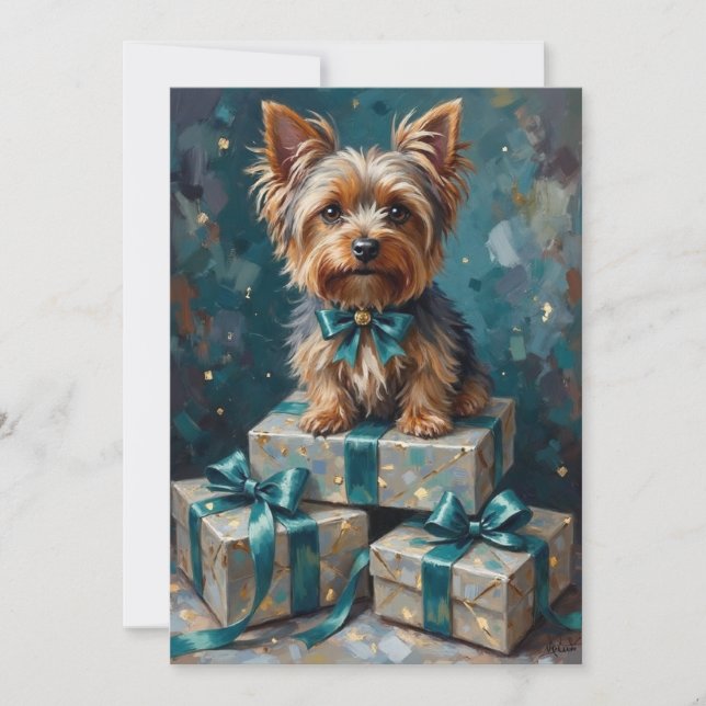Tarjeta Festiva Elegant Yorkshire Terrier Dog Holiday Gift Stack (Anverso)