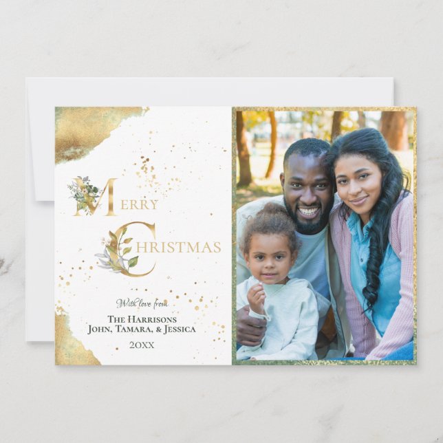Tarjeta Festiva Elegante 2 Relieve metalizado dorado fotográfico F (Anverso)