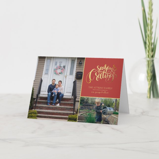 Tarjeta Festiva Elegante 3 estaciones de fotos Saludos Typography  (Anverso)