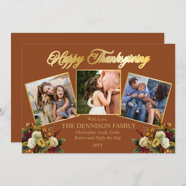 Tarjeta Festiva Elegante 3 Photo Family Floral Feliz Día de Gracia (Anverso / Reverso)