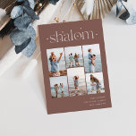 Tarjeta Festiva Elegante 6 Collages de fotos Shalom Hanukkah<br><div class="desc">Comparte alegría con estas modernas tarjetas de vacaciones de Hanukkah con 6 de tus fotos favoritas en un diseño de collage de cuadrícula. "Shalom" aparece en la parte superior con letras conectadas adornadas con pequeñas estrellas. Personaliza con tu saludo de vacaciones, nombre de la familia y el año en la...</div>