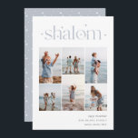 Tarjeta Festiva Elegante 6 Collages de fotos Shalom Hanukkah<br><div class="desc">Comparte alegría con estas modernas tarjetas de vacaciones de Hanukkah con 6 de tus fotos favoritas en un diseño de collage de cuadrícula. "Shalom" aparece en la parte superior con letras conectadas adornadas con pequeñas estrellas. Personaliza con tu saludo de vacaciones, nombre de la familia y el año en la...</div>