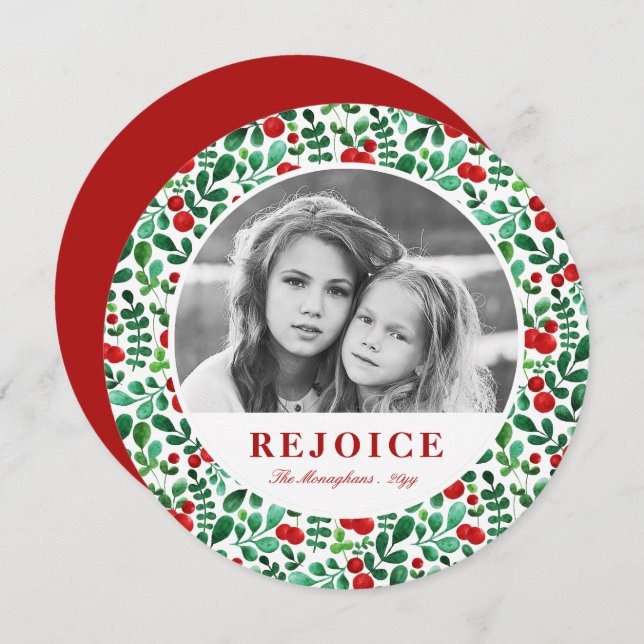 Tarjeta Festiva Elegante acuarela Berries Rojo y Verde | Foto (Anverso / Reverso)