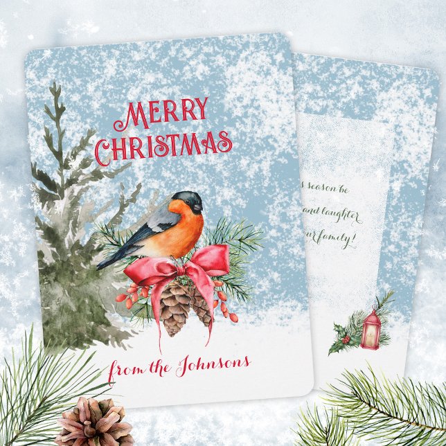 Tarjeta Festiva Elegante acuarela Bullfinch Winter Bird (Elegant Watercolor Bullfinch Winter Bird Holiday Card ©Susanne Sachers - Sunny Mind Design 🌞)
