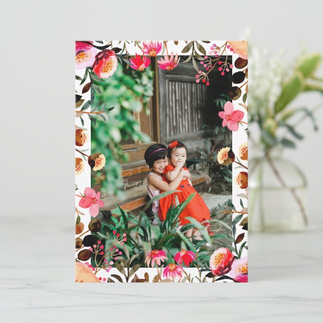 Tarjeta Festiva Elegante acuarela Floral Verdor Foto Rojo Rosa (Anverso de pie)