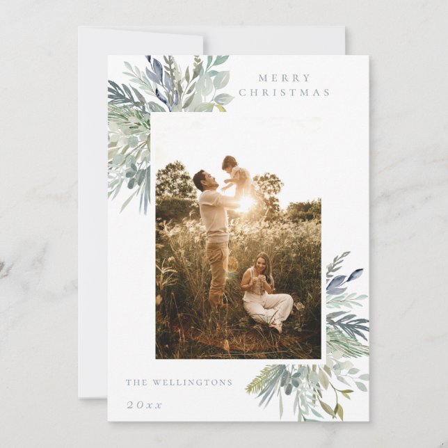 Tarjeta Festiva Elegante acuarela Foliage de invierno foto única (Anverso)