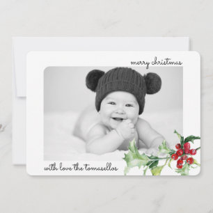Tarjeta Festiva Elegante acuarela Holly Berries Script Photo