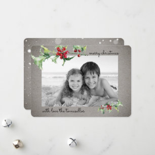 Tarjeta Festiva Elegante acuarela Holly Berries Script Photo