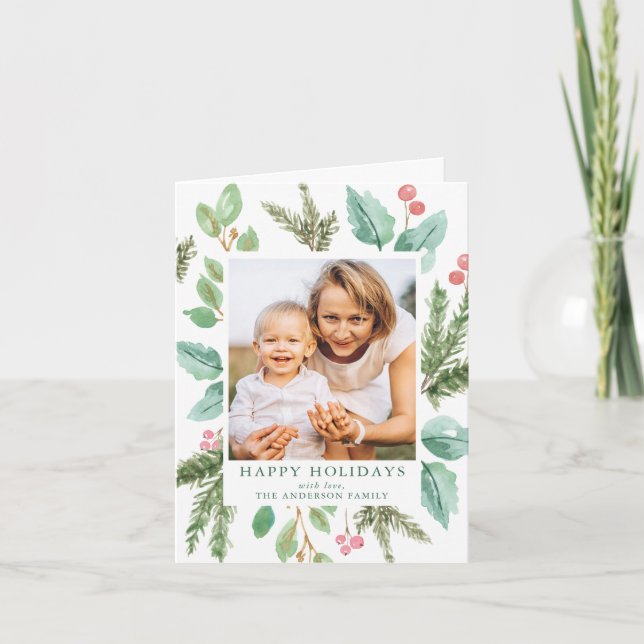 Tarjeta Festiva Elegante acuarela Holly Berries y Green Photo (Anverso)