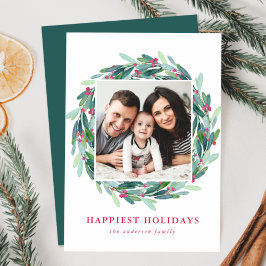 Tarjeta Festiva Elegante acuarela Holly Berry Wreath Foto