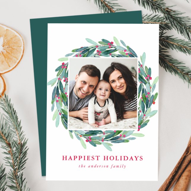 Tarjeta Festiva Elegante acuarela Holly Berry Wreath Foto (Subido por el creador)