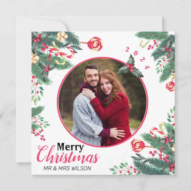 Tarjeta Festiva Elegante acuarela Merry Christmas Couple Photo (Anverso)
