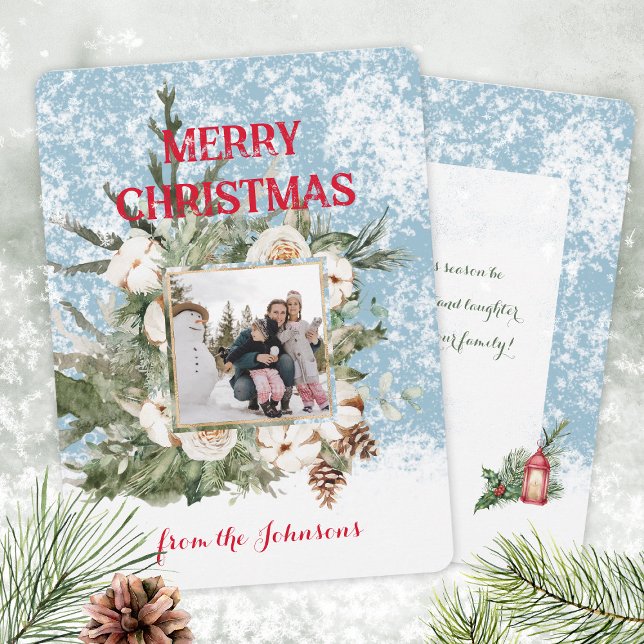 Tarjeta Festiva Elegante acuarela Navidades de fotos con nieve (Elegant Watercolor Snowy Photo Christmas Holiday Card ©Susanne Sachers - Sunny Mind Design 🌞)