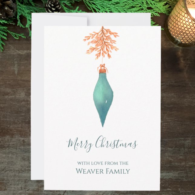 Tarjeta Festiva Elegante acuarela Navidades turquesa bauble (Hand painted watercolor, aqua teal minimalistic Christmas card. Personalize elegant script. )