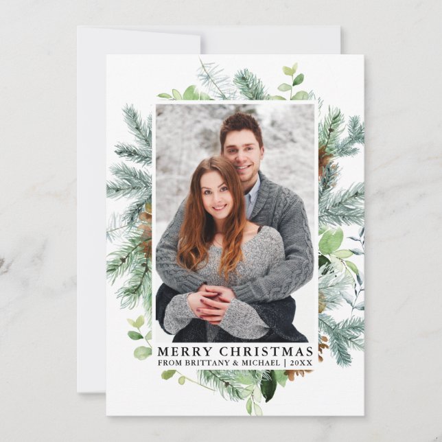 Tarjeta Festiva Elegante acuarela Pine Frame Couple Fotografía (Anverso)