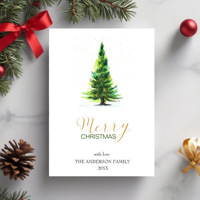 Tarjeta Festiva Elegante acuarela Pine Tree Navidades Saludo Ho (Elegant Watercolor Pine Tree Christmas Greeting Ho Holiday Card)