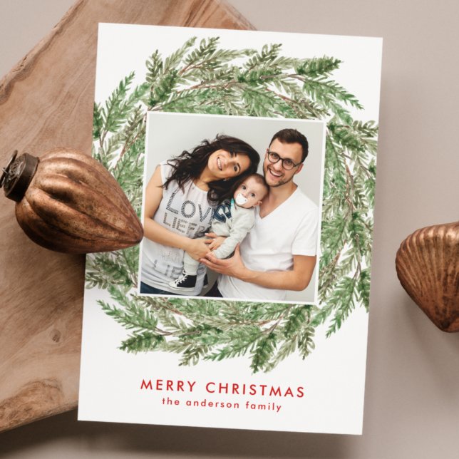 Tarjeta Festiva Elegante acuarela Rama de pino Wreath Foto (Subido por el creador)