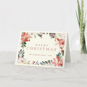 Tarjeta Festiva Elegante acuarela Red Berry Poinsettia No Foto