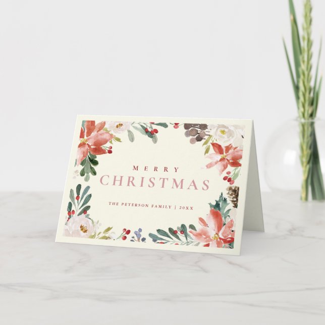 Tarjeta Festiva Elegante acuarela Red Berry Poinsettia No Foto (Anverso)