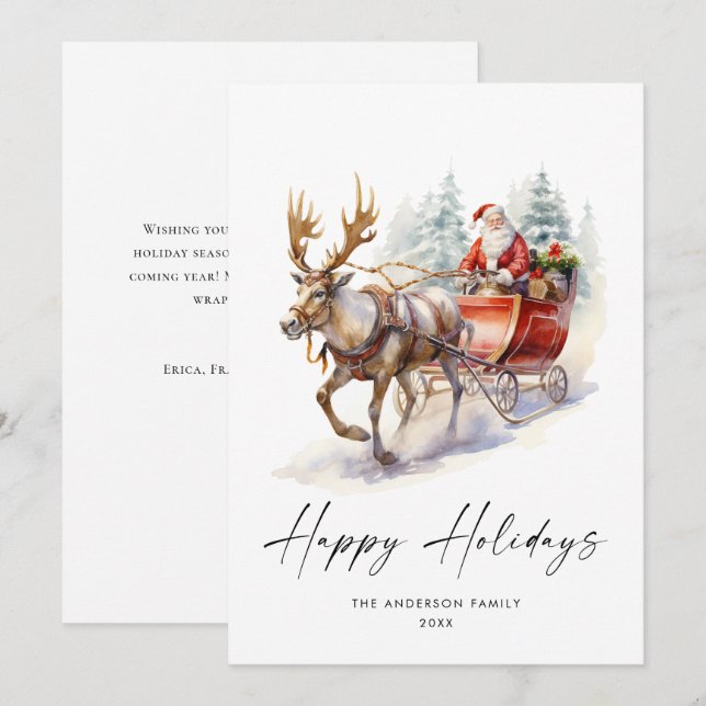 Tarjeta Festiva Elegante acuarela Santa Claus Navidades venado (Anverso / Reverso)