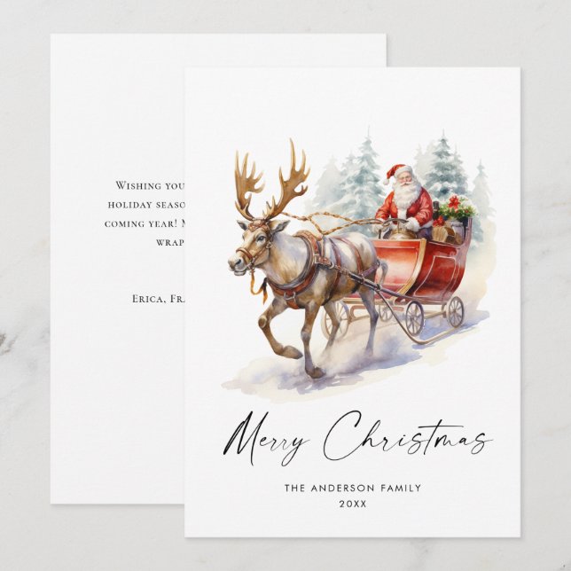 Tarjeta Festiva Elegante acuarela Santa Claus Navidades venado (Anverso / Reverso)