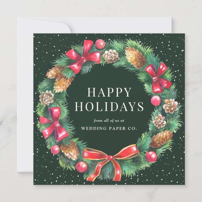Tarjeta Festiva Elegante acuarela Wreath Snow Green Business (Anverso)