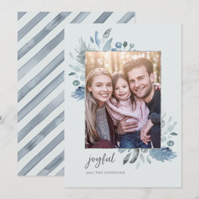 Tarjeta Festiva Elegante acuarela y floral plateada foto rústica H (Anverso / Reverso)