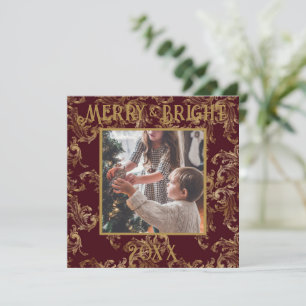 Tarjeta Festiva Elegante Alegre y Brillante Foto Rojo Dorado Vinta