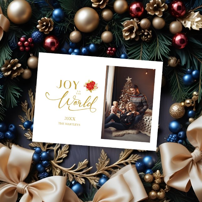 Tarjeta Festiva Elegante alegría por los Navidades del mundo (Elegant Poinsettias Whimsical Joy to the World Classic Christmas Photo Holidays Cards.)