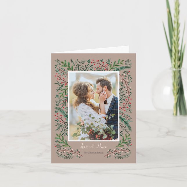 Tarjeta Festiva Elegante amor y paz Green Pine Tree wreath Photo (Anverso)